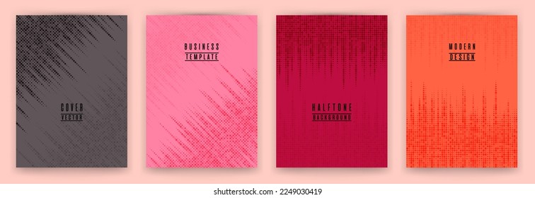Monochrome halftone dot texture placard background vector set. Brochure cover page dotted templates. Minimal pattern poster backgrounds collection. Annual report cover page halftone dots layout. 