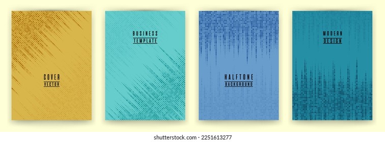 Monochrome halftone dot texture placard background vector set. Brochure cover page dotted templates. Geometric pattern flyer backgrounds design. Business cover layouts. Halftone dots lines.