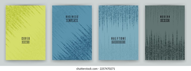 Einfarbige Halbton-Punktstrukturplakette, Vektorgrafik-Set. Broschüre Titelseiten digitale Vorlagen. Kollektion mit geometrischen Mustern für Poster-Hintergründe. Abstrakte Cover-Layouts. Halftone Punkte Textur.