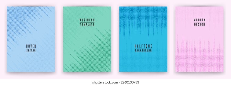 Conjunto de vectores de fondo de la rótula de textura de punto medio monocromo. Plantillas creativas de portada de folleto. Diseño de fondo de volante de patrones geométricos. Diseño de portada comercial. El semitono apunta a la textura.