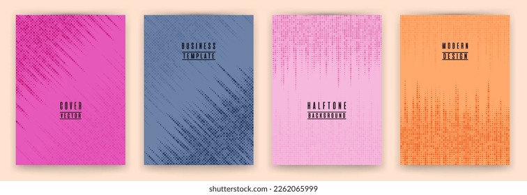 Monochrome halftone dot texture placard background vector set. Brochure cover page creative templates. Geometric pattern poster backgrounds collection. Trendy cover layouts. Halftone dots texture.