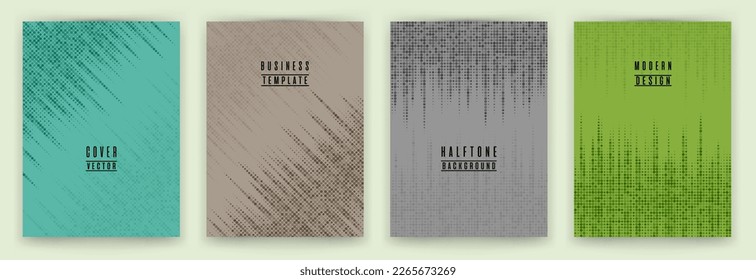 Monochrome halftone dot texture placard background vector set. Brochure cover page dotted templates. Geometric pattern flyer backgrounds collection. School copybook cover halftone dots print.