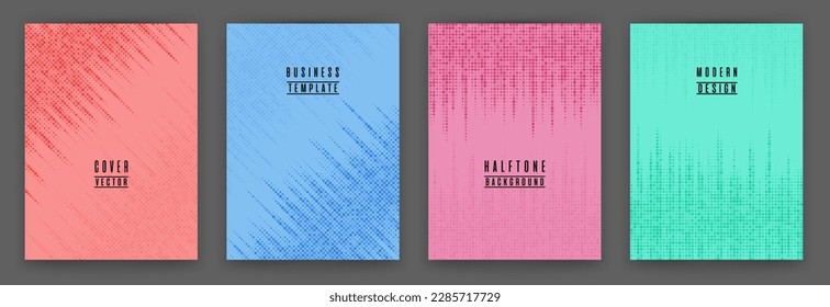 Monochrome halftone dot texture placard background vector set. Brochure cover page dotted templates. Geometric pattern poster backgrounds design. Abstract cover layouts. Halftone points texture.