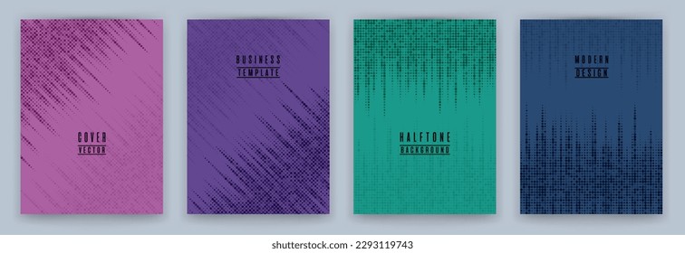 Monochrome halftone dot texture placard background vector set. Brochure cover page creative templates. Geometric pattern flyer backgrounds design. Magazine cover page halftone dots layout. 