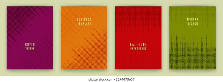 Einfarbige Halbton-Punktstrukturplakette, Vektorgrafik-Set. Broschüre Titelseiten digitale Vorlagen. Geometrisches Muster, Flyer-Hintergründe Design. Typografisches Design Grafikvorlagen.
