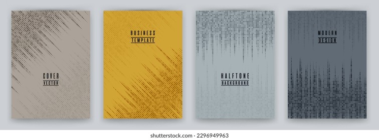 Monochrome halftone dot texture placard background vector set. Brochure cover page digital templates. Geometric pattern poster backgrounds collection. Business cover layouts. Halftone dots lines.