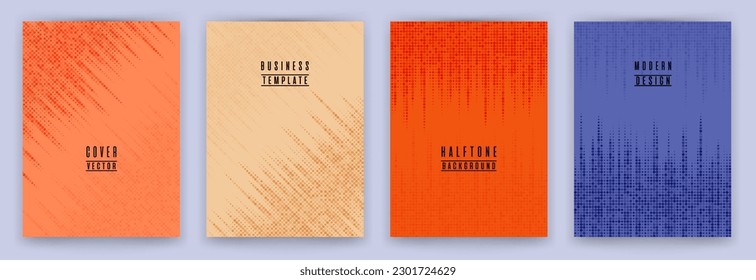 Monochrome halftone dot texture placard background vector set. Brochure cover page creative templates. Geometric pattern banner backgrounds collection. Annual report cover page halftone dots layout. 
