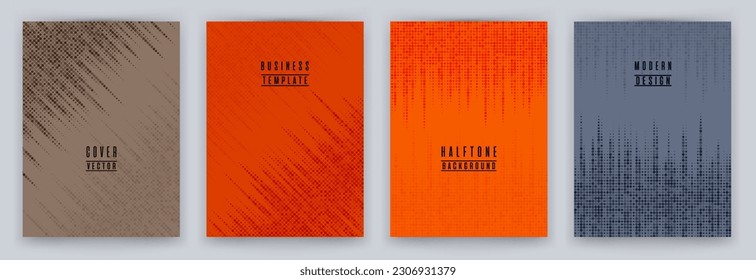 Monochrome halftone dot texture placard background vector set. Brochure cover page dotted templates. Cool pattern poster backgrounds collection. Annual report cover page halftone dots layout. 