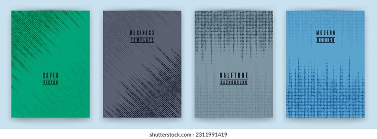 Monochrome halftone dot texture placard background vector set. Brochure cover page creative templates. Geometric pattern poster backgrounds design. Trendy cover layouts. Halftone dots texture.