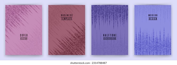 Monochrome halftone dot texture placard background vector set. Brochure cover page colorful templates. Geometric pattern flyer backgrounds collection. Folder catalog business backdrop set.