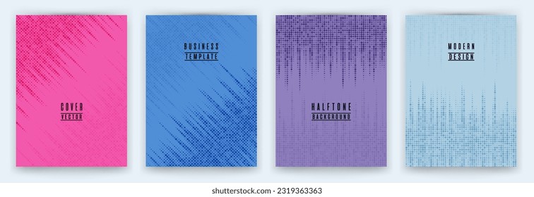 Monochrome halftone dot texture placard background vector set. Brochure cover page colorful templates. Geometric pattern banner backgrounds design. Magazine cover page halftone dots layout. 