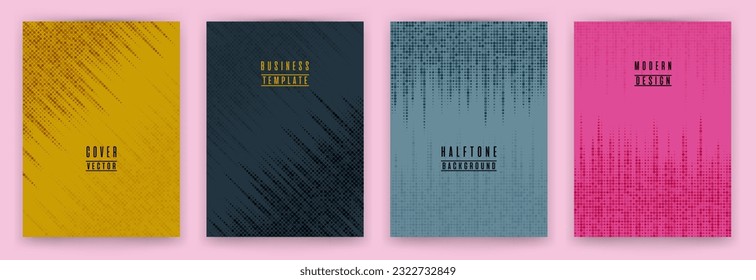Monochrome halftone dot texture placard background vector set. Brochure cover page digital templates. Geometric pattern banner backgrounds collection. Abstract cover layouts. Halftone points texture.