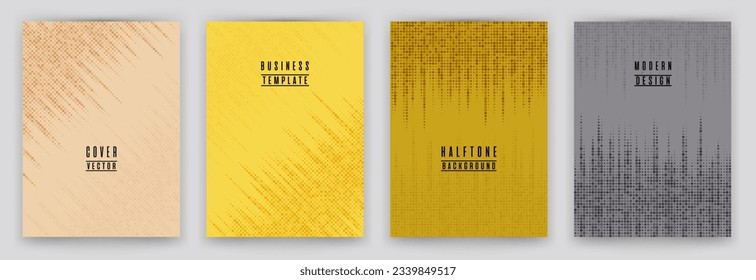 Monochrome halftone dot texture placard background vector set. Brochure cover page dotted templates. Minimal pattern poster backgrounds collection. Business cover layouts. Halftone dots lines.