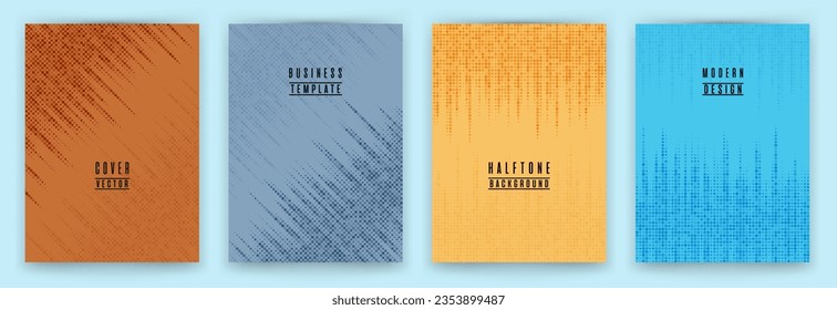 Conjunto de vectores de fondo de la rótula de textura de punto medio monocromo. Portada de folleto de las plantillas punteadas. Colección de fondo de afiches de patrón frío. Diseño de portada comercial. Líneas de puntos de semitono.