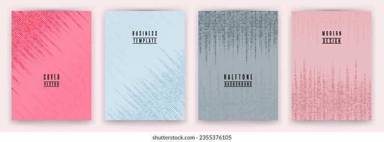 Conjunto de vectores de fondo de la rótula de textura de punto medio monocromo. Plantillas creativas de portada de folleto. Colección de fondo de afiches de patrón frío. Diseño de portada de libro de textualidad de elementos de círculo.