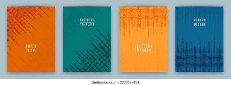 Monochrome halftone dot texture placard background vector set. Brochure cover page colorful templates. Minimal pattern poster backgrounds collection. Circle elements textutre book cover layouts.