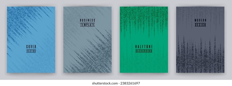Einfarbige Halbton-Punktstrukturplakette, Vektorgrafik-Set. Broschüre Titelseiten bunter Vorlagen. Kollektion mit geometrischen Mustern für Poster-Hintergründe. Titelseite des Magazins: Halbton-Punkte-Layout. 