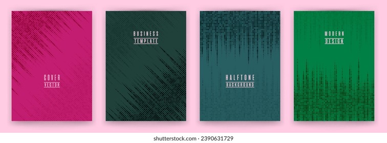 Monochrome halftone dot texture placard background vector set. Brochure cover page creative templates. Geometric pattern banner backgrounds collection. Web presentation flat geometry backdrop set.