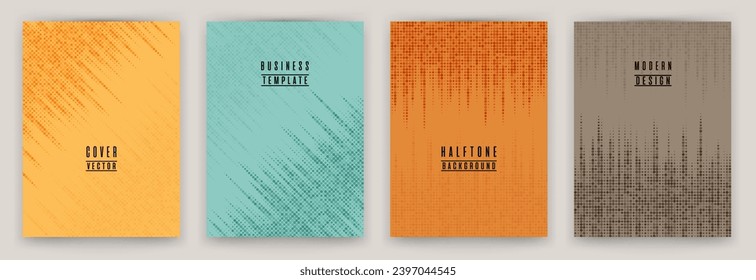 Monochrome halftone dot texture placard background vector set. Brochure cover page creative templates. Hipster pattern poster backgrounds collection. Web presentation flat geometry backdrop set.