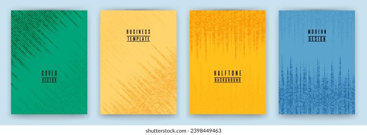 Conjunto de vectores de fondo de la rótula de textura de punto medio monocromo. Portada de folleto de las plantillas punteadas. Diseño de fondo de afiche de patrones geométricos. Diseño de puntos de semitono de portada de la revista. 