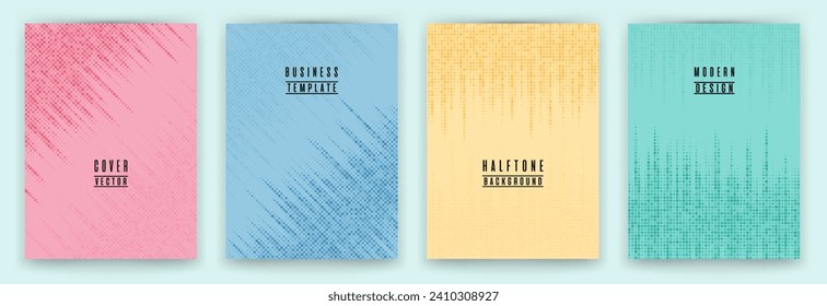 Monochrome halftone dot texture placard background vector set. Brochure cover page creative templates. Hipster pattern poster backgrounds collection. School notebook cover halftone dots print.
