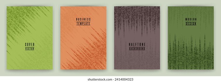 Monochrome halftone dot texture placard background vector set. Brochure cover page creative templates. Geometric pattern flyer backgrounds design. School copybook cover halftone dots print.