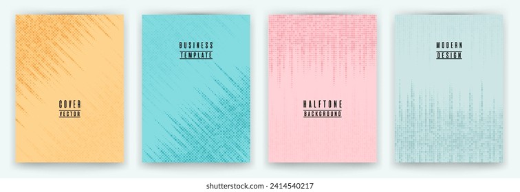 Monochrome halftone dot texture placard background vector set. Brochure cover page colorful templates. Geometric pattern flyer backgrounds collection. Business cover layouts. Halftone dots lines.
