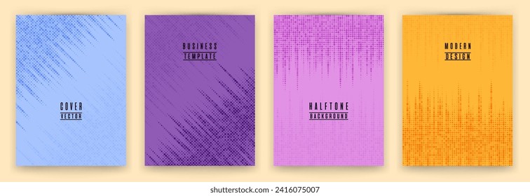 Monochrome halftone dot texture placard background vector set. Brochure cover page creative templates. Geometric pattern poster backgrounds collection. Business cover layouts. Halftone points texture.