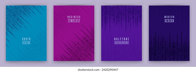 Monochrome halftone dot texture placard background vector set. Brochure cover page digital templates. Geometric pattern flyer backgrounds design. Web presentation flat geometry backdrop set.