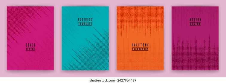 Monochrome Halbton-Punkt-Textur-Plakat-Hintergrund-Vektor-Set. Broschüre Deckblatt farbige Vorlagen. Sammlung geometrischer Musterflyer-Hintergründe. Texturbuch-Cover-Layouts für Kreiselemente.