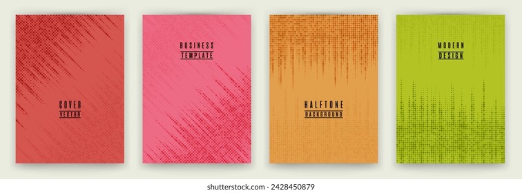 Conjunto de vector de fondo de rótulo de textura de punto de semitono monocromo. Plantillas creativas de portada de folleto. Colección de fondos de póster de patrón geométrico. Conjunto de telón de fondo empresarial del catálogo de carpetas.