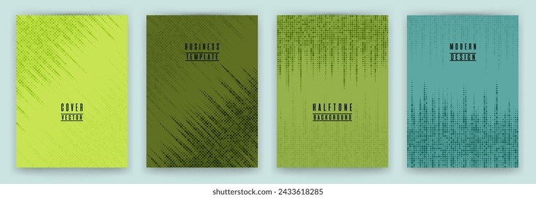 Conjunto de vector de fondo de rótulo de textura de punto de semitono monocromo. Portada del folleto con coloridas plantillas. Colección de fondos de banner de patrón geométrico. Conjunto de telón de fondo empresarial del catálogo de carpetas.