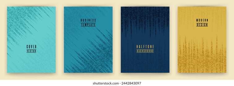 Monochrome halftone dot texture placard background vector set. Brochure cover page digital templates. Geometric pattern banner backgrounds collection. Annual report cover page halftone dots layout. 