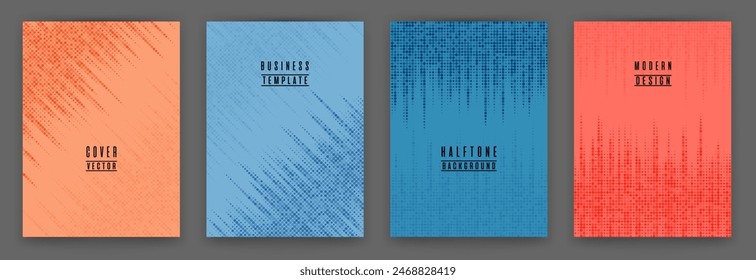 Monochrome halftone dot texture placard background vector set. Brochure cover page creative templates. Geometric pattern banner backgrounds collection. Business cover layouts. Halftone dots lines.
