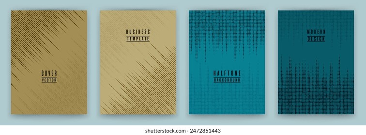 Monochrome halftone dot texture placard background vector set. Brochure cover page colorful templates. Geometric pattern banner backgrounds collection. Circle elements textutre book cover layouts.