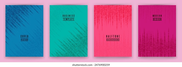 Conjunto de Vector de fondo de carteles con textura de punto de semitono monocromo. Plantillas punteadas de portada del folleto. Diseño de fondos de Anuncio de patrón geométrico. Cubierta de cuaderno escolar con impresión de puntos de semitonos.