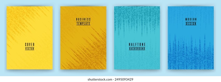 Monochrome halftone dot texture placard background vector set. Brochure cover page dotted templates. Minimal pattern poster backgrounds collection. School copybook cover halftone dots print.