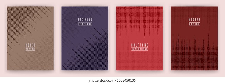 Monochrome halftone dot texture placard background vector set. Brochure cover page creative templates. Geometric pattern flyer backgrounds collection. Business cover layouts. Halftone points texture.