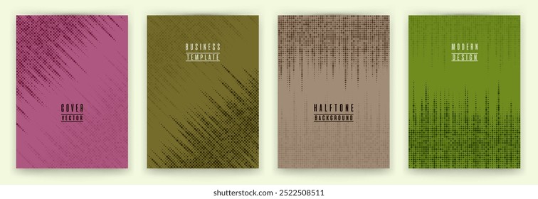 Monochrome halftone dot texture placard background vector set. Brochure cover page dotted templates. Geometric pattern banner backgrounds design. Typography design graphic templates.