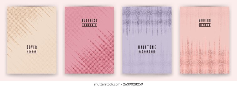 Monochrome halftone dot texture placard background vector set. Brochure cover page digital templates. Minimal pattern poster backgrounds collection. Web presentation flat geometry backdrop set.