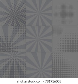 Monochrome halftone dotted and striped backgrounds set for pop art retro comic speech bubbles. Abstract gray balloon mockup for comics book text, speech bubble, message