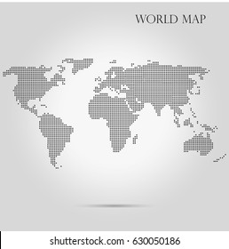 Monochrome Halftone Dotted World Map. Vector Illustration