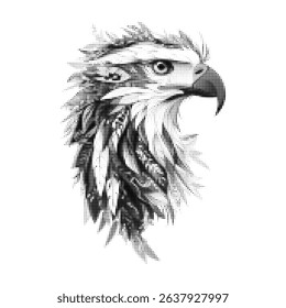 Monochrome halftone eagle head illustration in vintage engraving style with detailed feathers, retro sketch texture for tattoo design, collage element, or print decoration