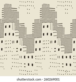 Monochrome Halftone Effect Textured Cityscape Graphic Motif. Seamless Pattern.