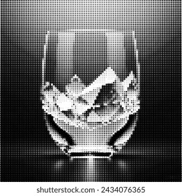 Monochrome halftone illustration of a wine glass with a ice inside.