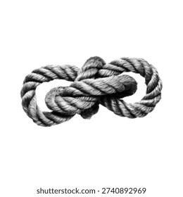 Monochrome halftone infinity symbol made of twisted rope isolated on white background. Concept of eternity, strength, unity and endless connection in vintage engraving style.