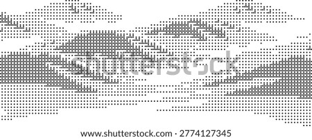 A monochrome halftone mountain landscape featuring retro pixelated dithered texture in black and white contrast designed for abstract minimalist art and graphic patterns ideal for vintage-inspired vector backgrounds