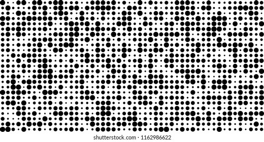 Monochrome Halftone Pattern. Abstract Texture with Different Sizes Black Dots on White Fond for Banner, Flyer, Mobile Application. Trendy Digital Black and White Background. Vector Texture.