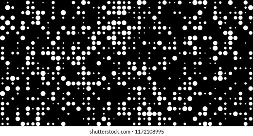 Monochrome Halftone Pattern. Abstract Texture with Different Sizes White Dots on Black Fond for Banner, Flyer, Mobile Application. Trendy Digital Black and White Background. Vector Texture.