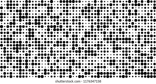 Monochrome Halftone Pattern. Abstract Texture with Different Sizes Black Dots on White Fond for Banner, Flyer, Mobile Application. Retro Digital Black and White Background. Vector Texture.